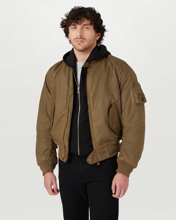 Belstaff Brecon Bomber Motorcycle Jacket Green worn by model on white background
