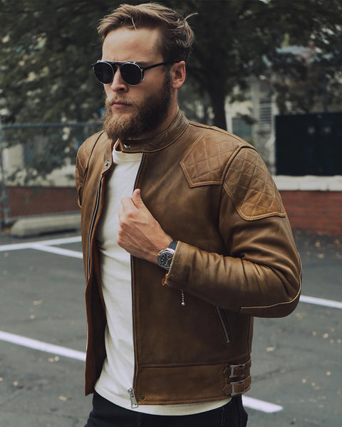 Goldtop 76 Cafe Racer Jacket - Waxed Brown worn by model outdoors