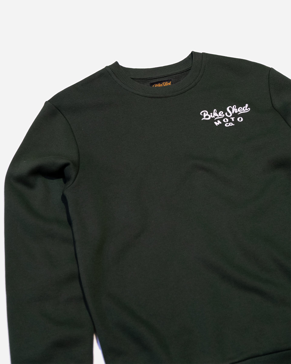 Bike Shed Desert Race Sweatshirt Green Studio Image Front Side Close Up