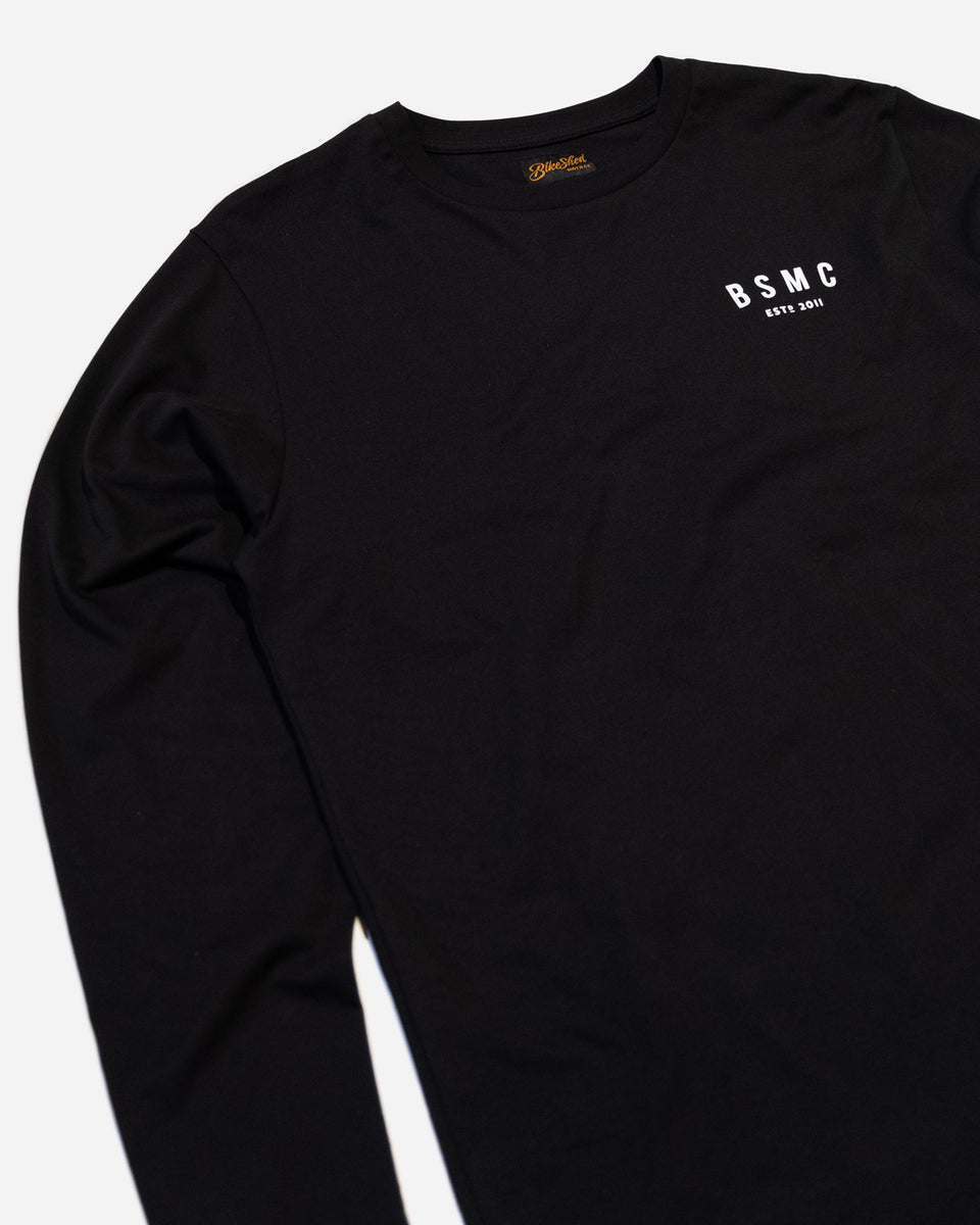 Bike Shed ESTD Longsleeve Black T-Shirt Studio Image Front Side