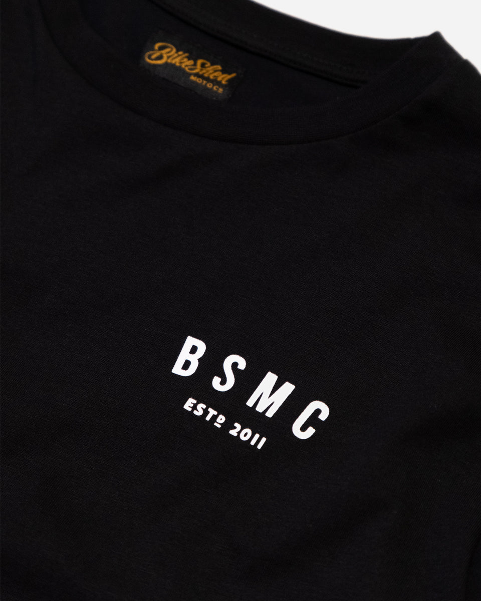 Bike Shed ESTD Longsleeve Black T-Shirt Studio Image Chest Close Up