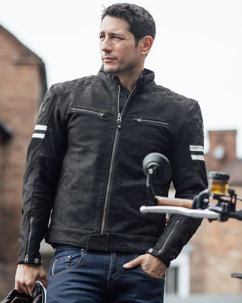 Merlin Hixon II Leather Jacket - Brown worn by model outdoors