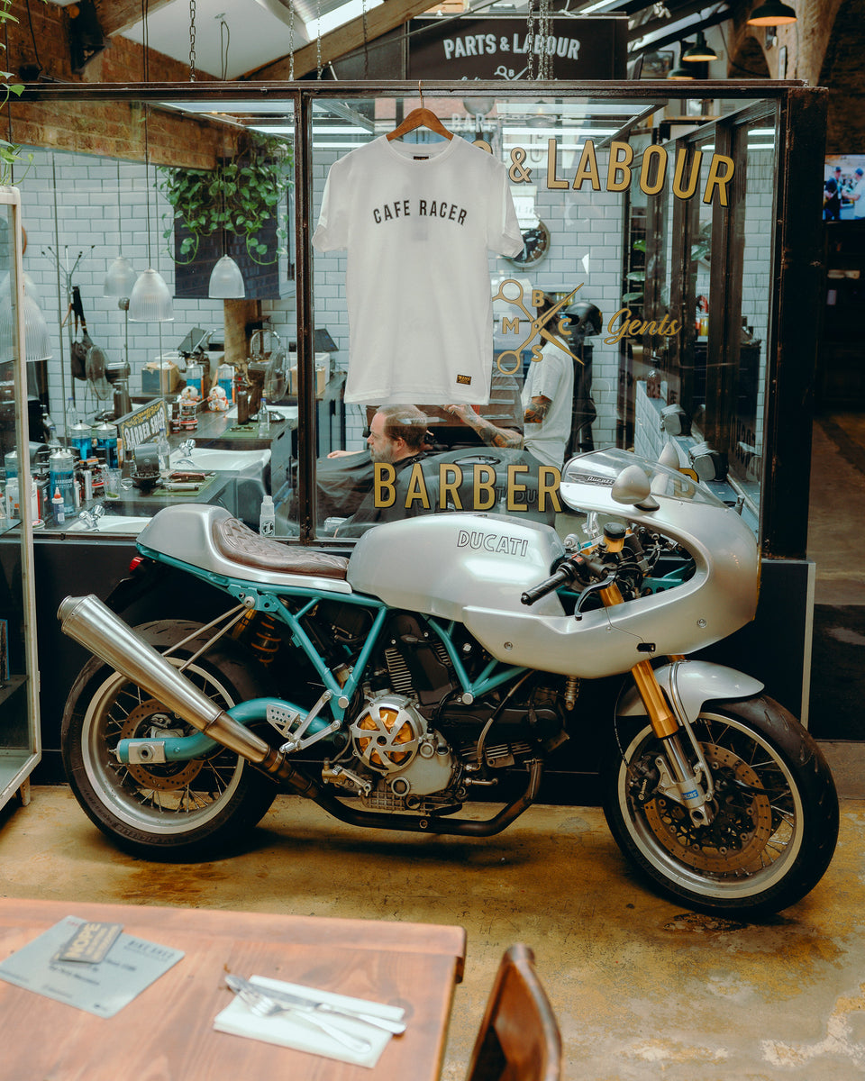 BSMC Cafe Racer T-Shirt - White mechanised with motorcycle