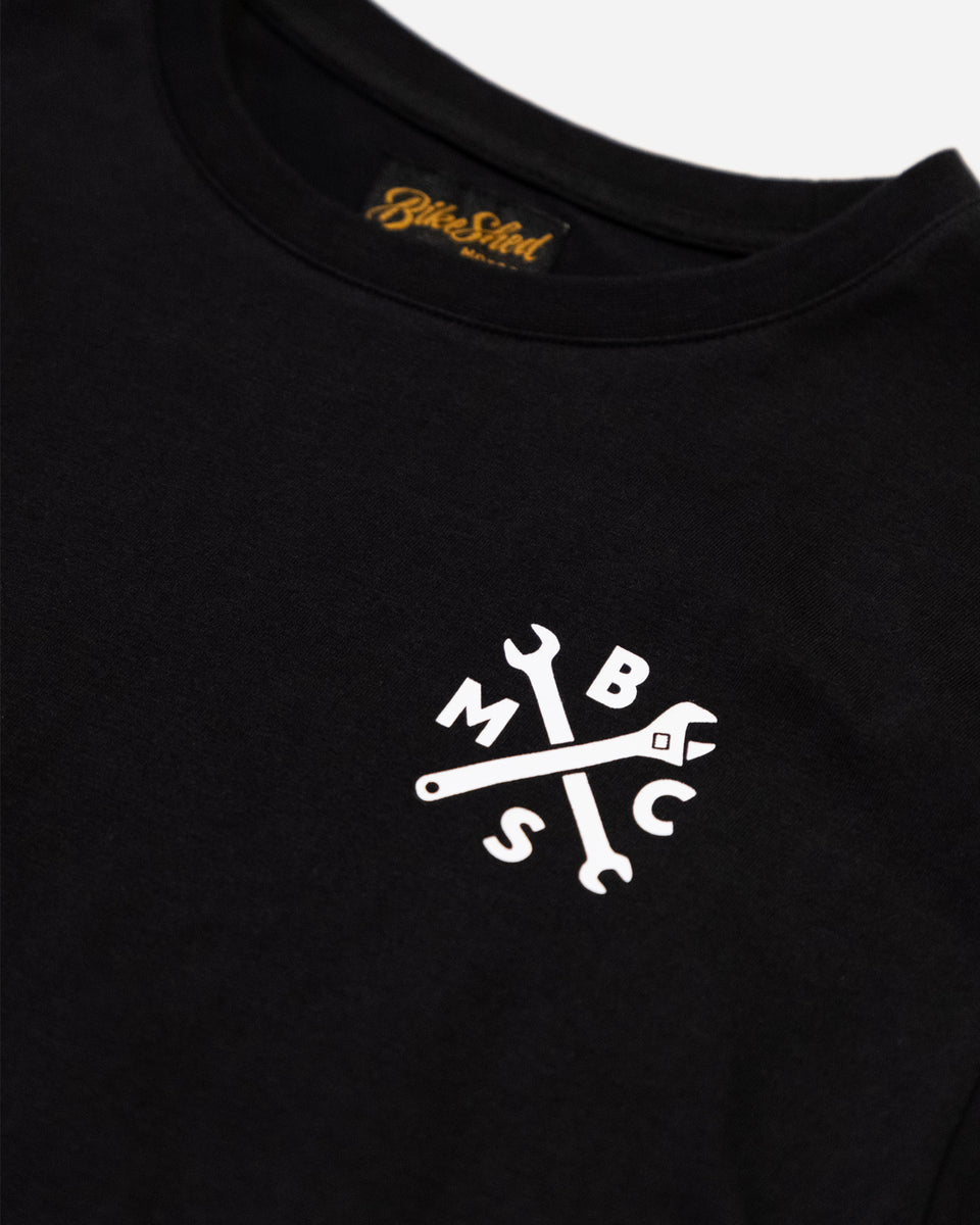 Bike Shed Roundel T-Shirt Washed Black Studio Image Chest Close Up