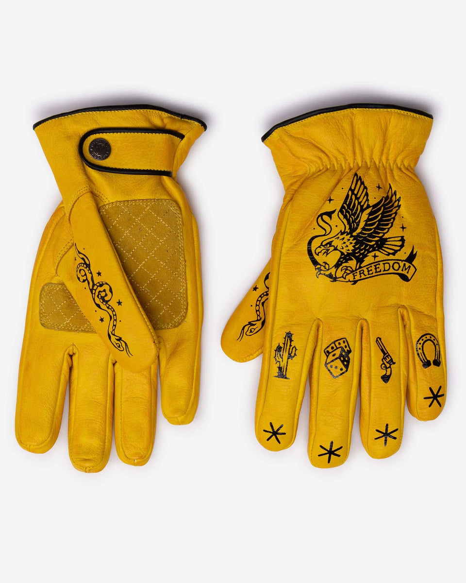 Macleod outlaw yellow motorcycle gloves studio image