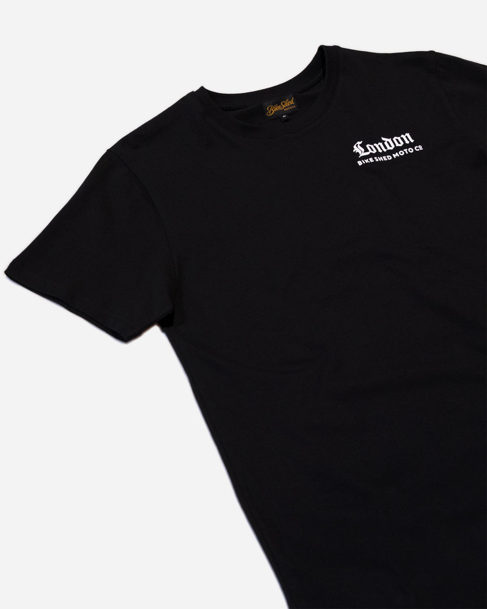 Bike Shed Olde London T-Shirt Black Studio Image Front Side