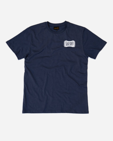 Navy blue t-shirt with 'Moto Bikeshed co'  logo - Front