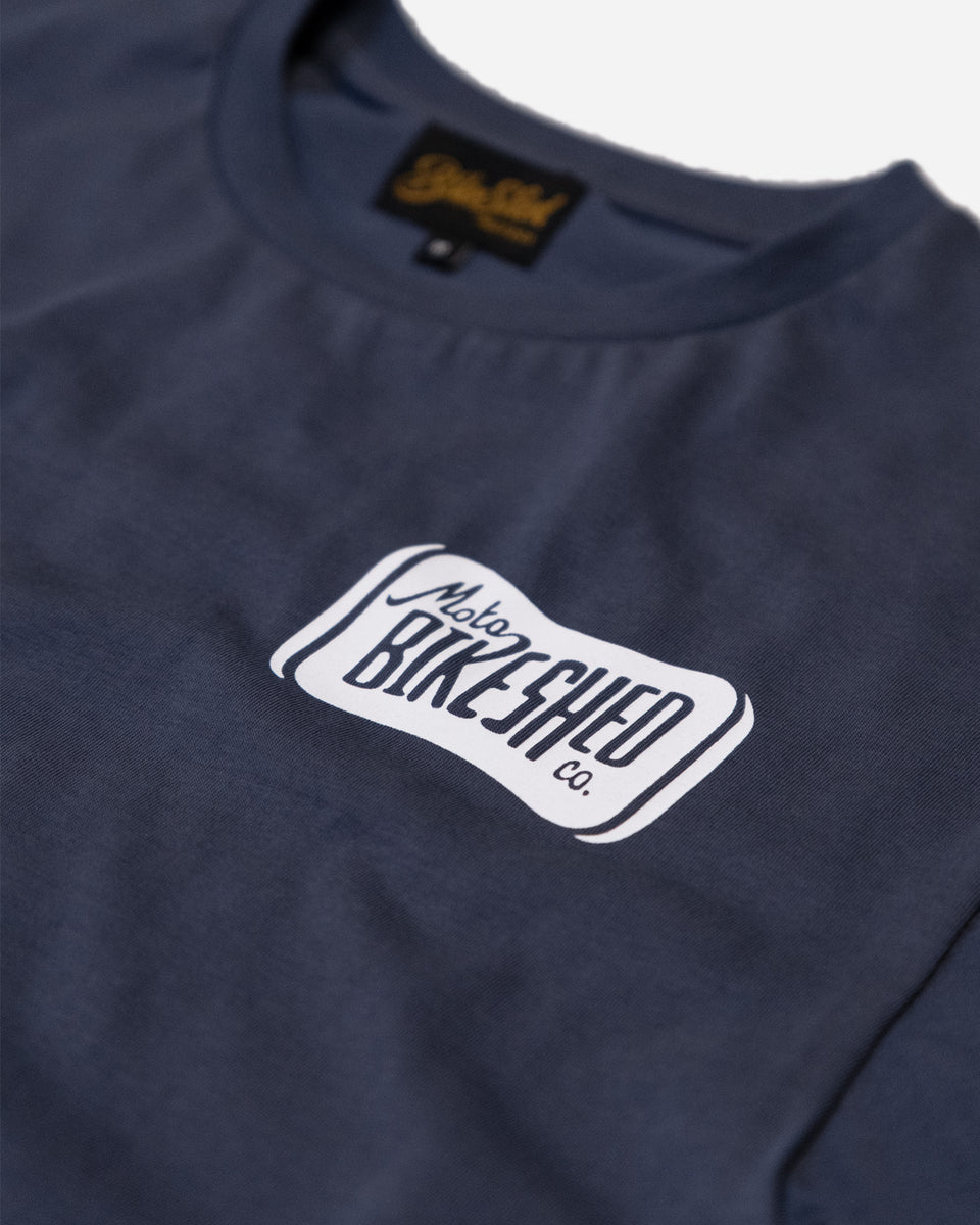 Navy blue t-shirt with 'Moto Bikeshed co'  logo - front detail