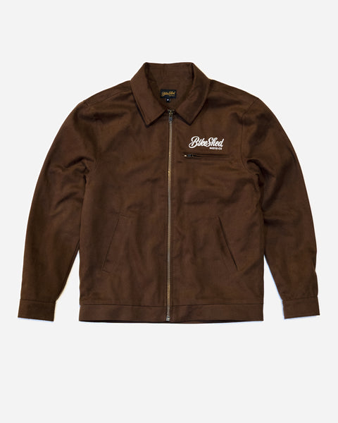 Brown Twill Motorcycle jacket with a Bike Shed Moto Co logo on a white background