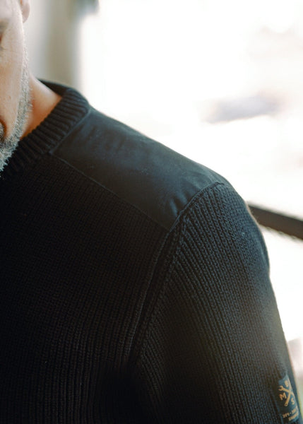 Chunky Knit Crew Neck Motorcycle Sweatshirt - Black