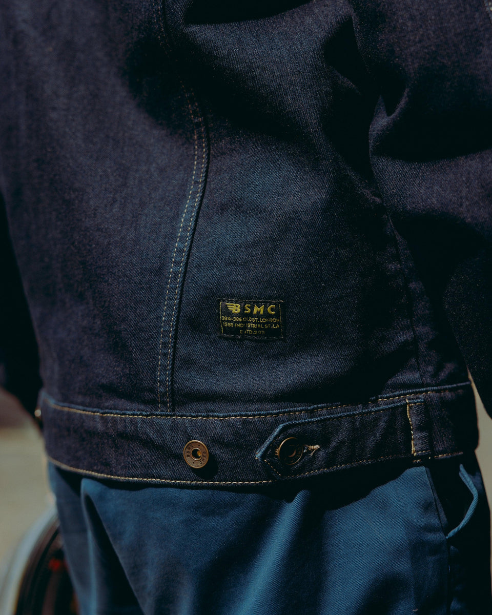 BSMC Motorcycle Denim Jacket - Cordura Indigo - back logo detail