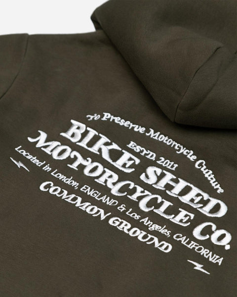 Green Bike Shed Motorcycle Co. Good Times Hooded Sweatshirt - back detail