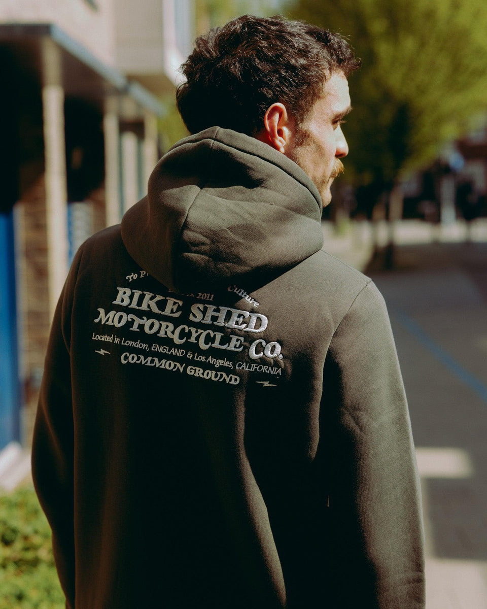 Green Bike Shed Motorcycle Co. Good Times Hooded Sweatshirt back