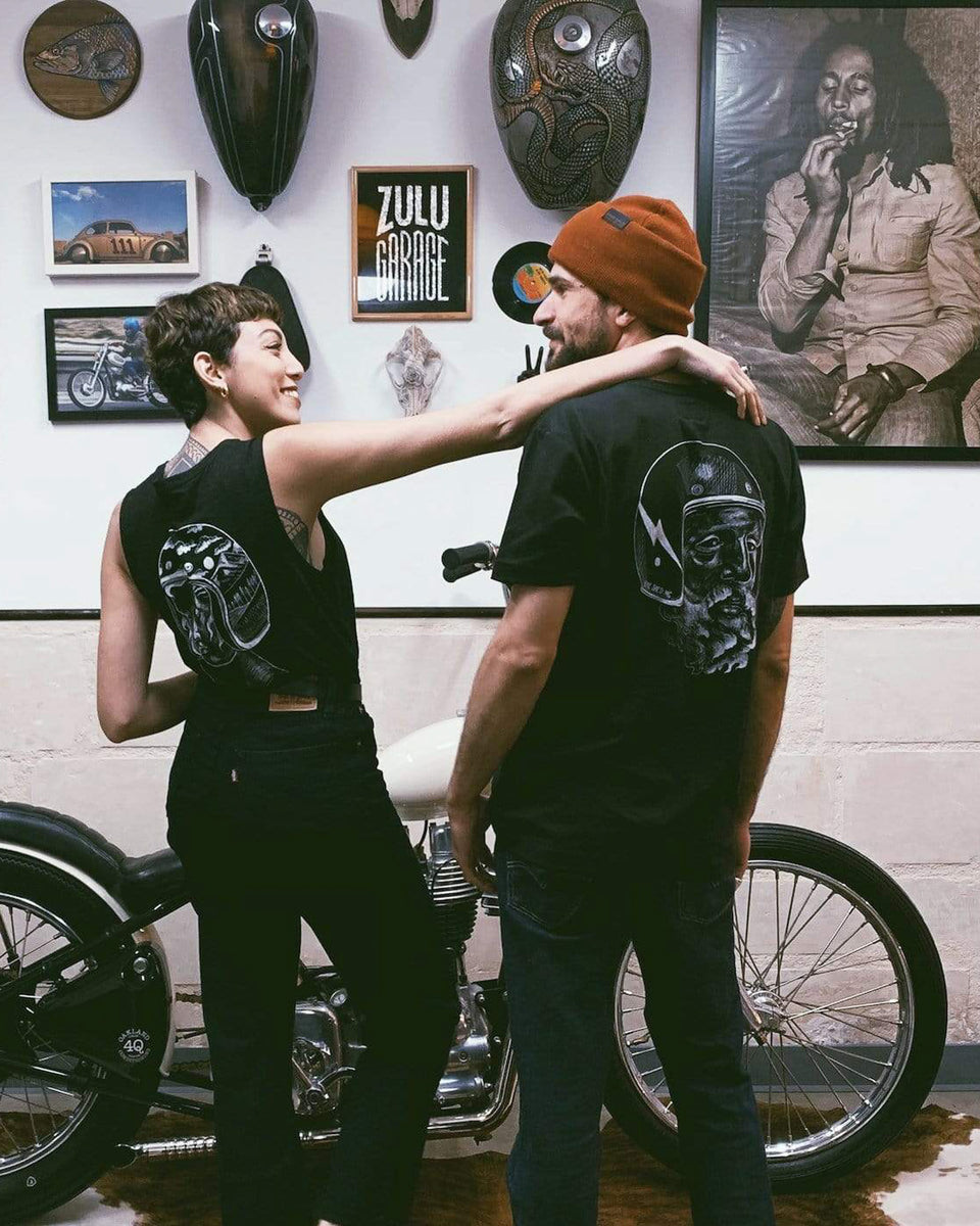 BSMC Zeus T-Shirt - Black worn by model at tattoo studio 