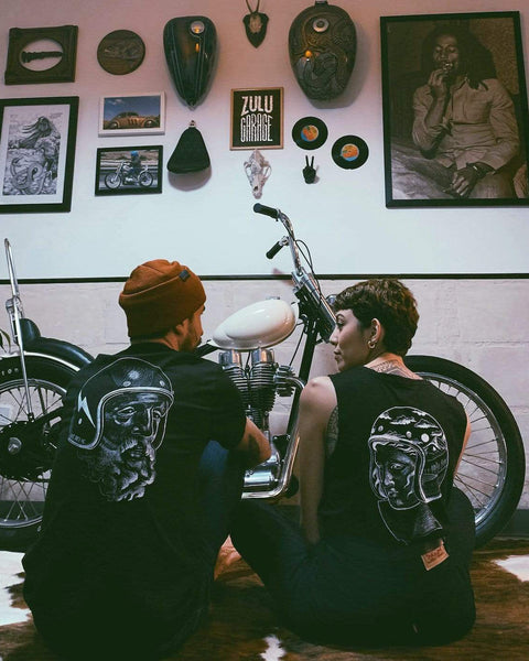 BSMC Zeus T-Shirt - Black worn by model at tattoo studio